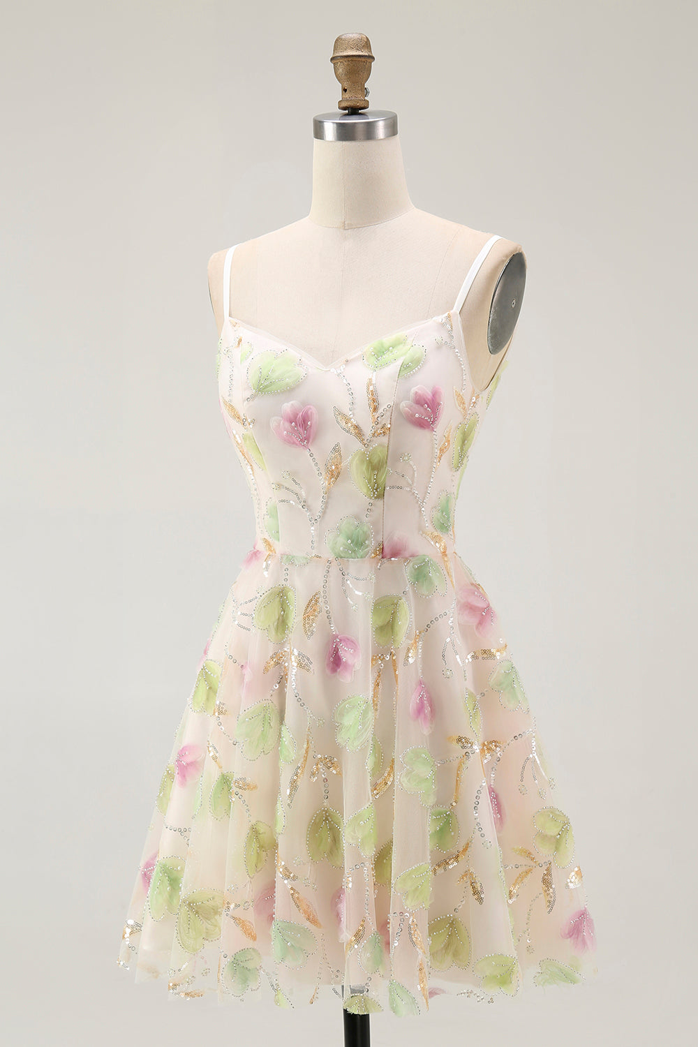 Apricot Floral Sequin A Line Mini Homecoming Dress