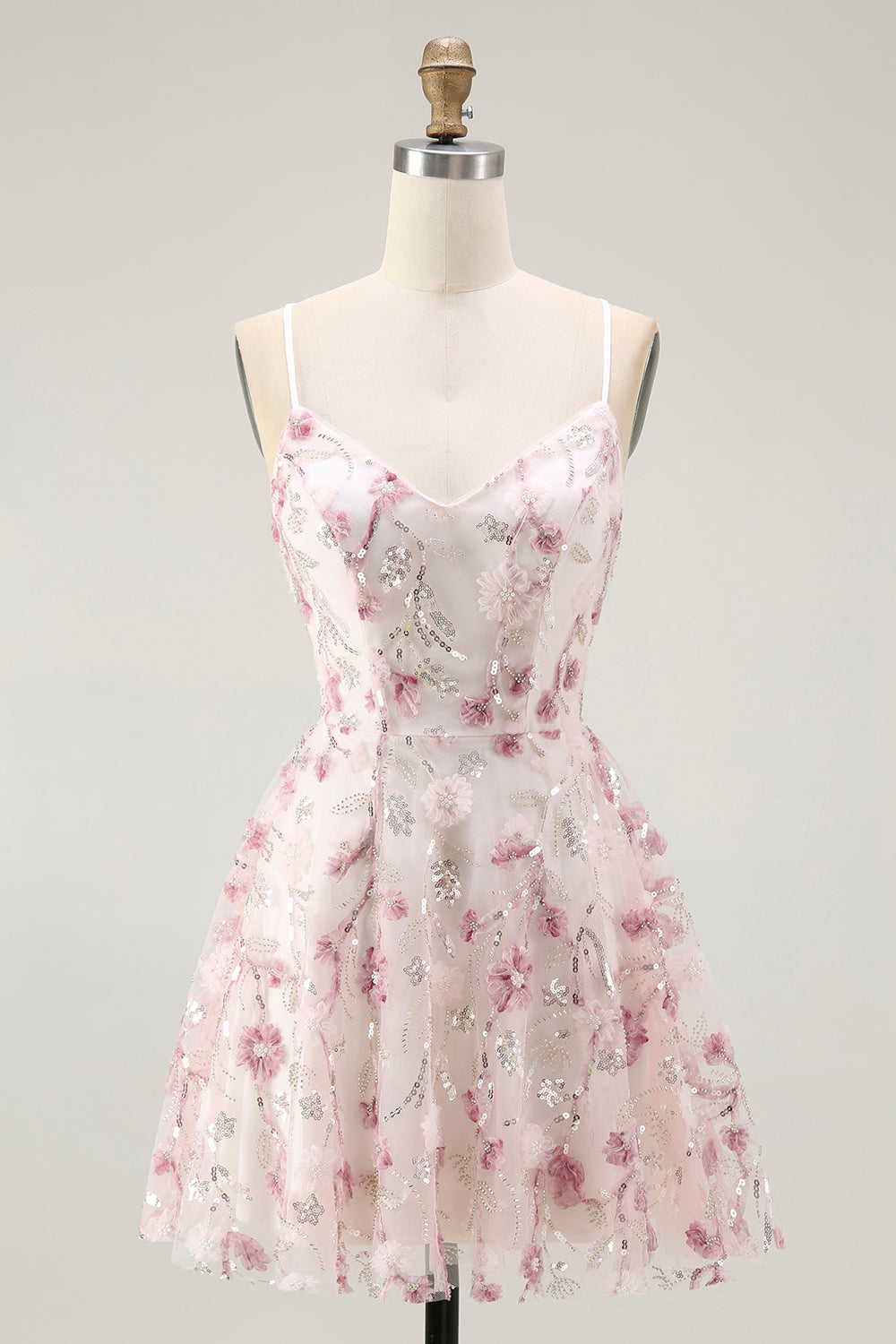Pink Floral Sequins A Line Short Homecoming Dress with Lace Up Back
