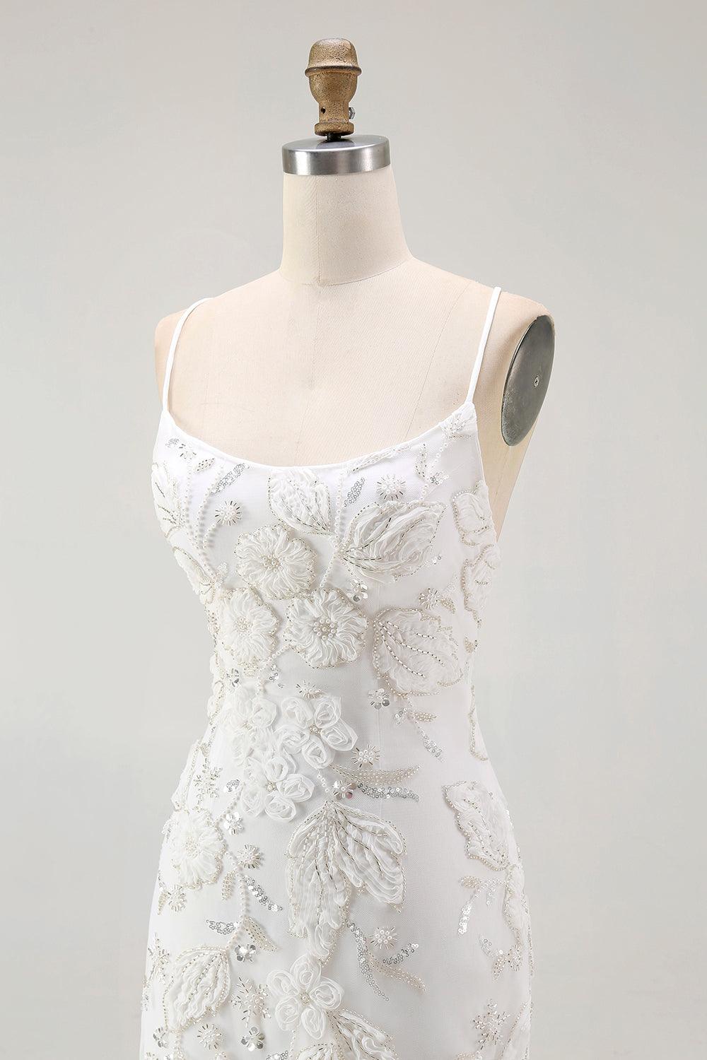 White Bodycon Spaghetti Straps Appliqued Homecoming Dress with Slit