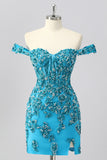 Off The Shoulder Blue Beaded Corset Bodycon Homecoming Dress with Appliques