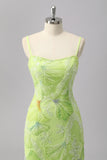 Green Sheath Sequins Spaghetti Straps Beaded Prom Dress with Slit