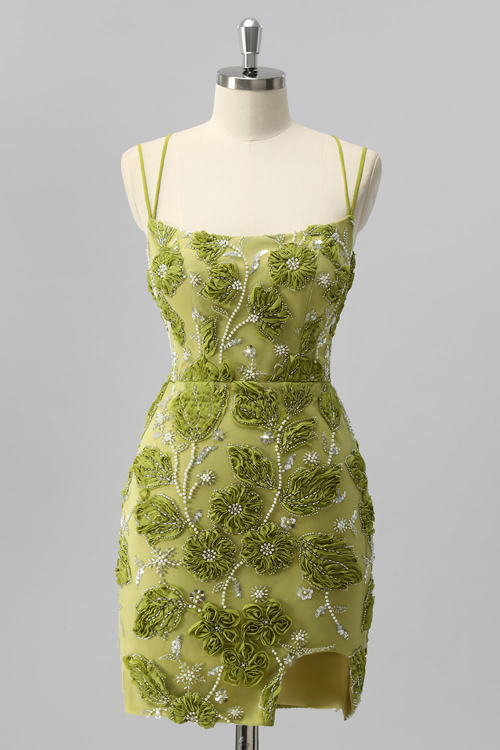 Green Bodycon Beaded Mini Homecoming Dress with 3D Flowers