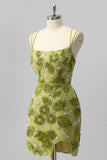 Green Bodycon Beaded Mini Homecoming Dress with 3D Flowers