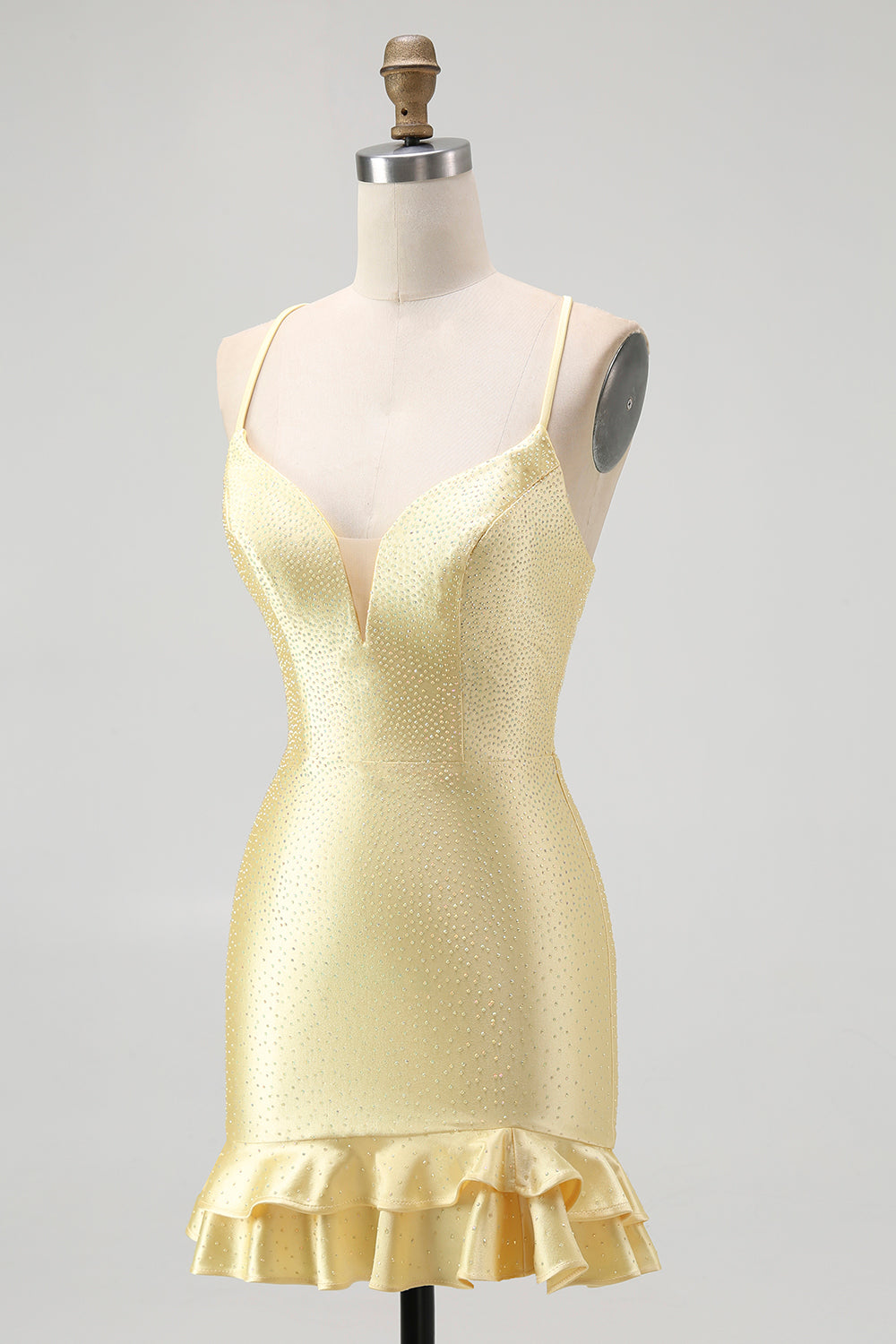 Yellow Beaded Bodycon Ruffled Mini Homecoming Dress