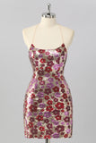 Yellow Floral Sequin Bodycon Mini Homecoming Dress