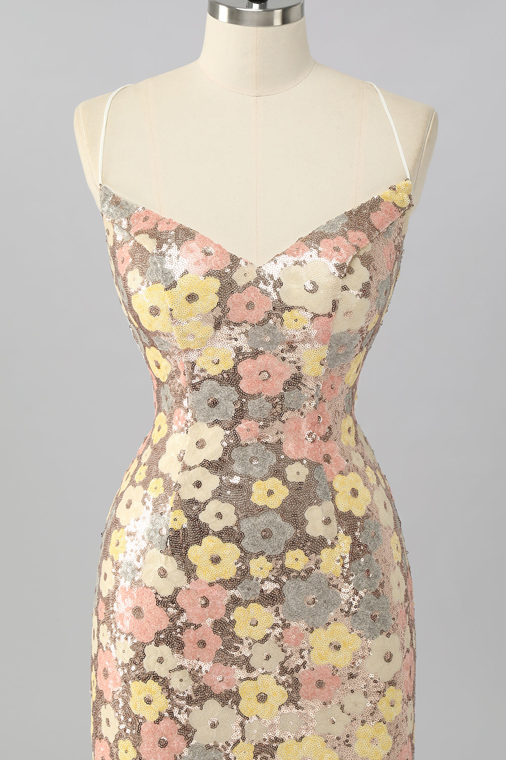 Yellow Floral Sequin Bodycon Mini Homecoming Dress