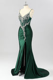Dark Green Corset Mermaid Long Prom Dress with Rhinestones
