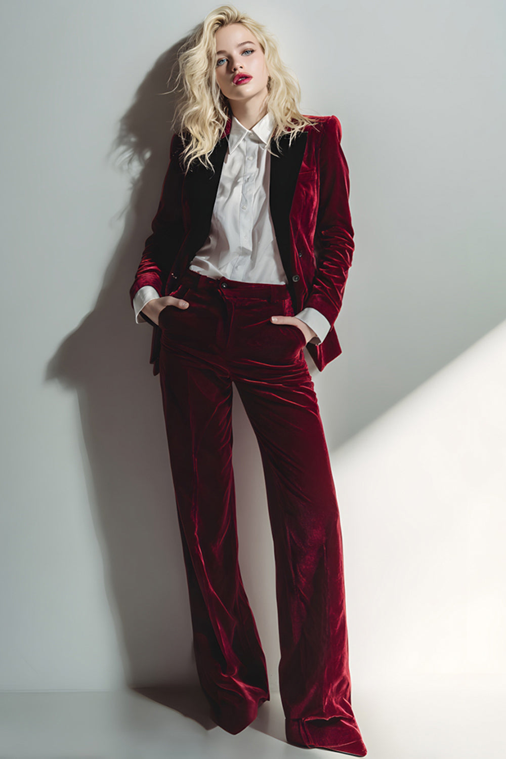 Burgundy 2 Piece Velvet Long Sleeve Business Suits with Pockets
