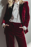 Burgundy 2 Piece Velvet Long Sleeve Business Suits with Pockets