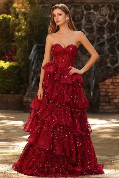 ZAPAKA Women Sparkly Burgundy Long Prom Dress with Ruffles Sweetheart