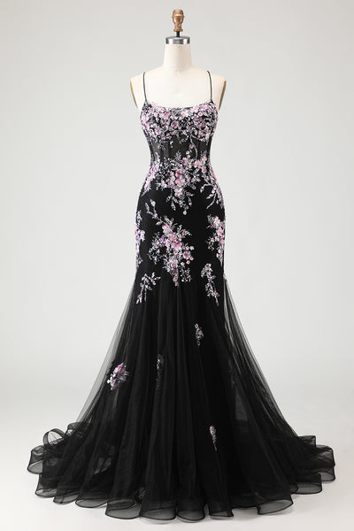 Zapaka Women Sparkly Black Pink Flower Long Prom Dress with Sequins Mermaid Corset Spaghetti Straps Party Dress with Lace Up Back, Black Pink Flower /