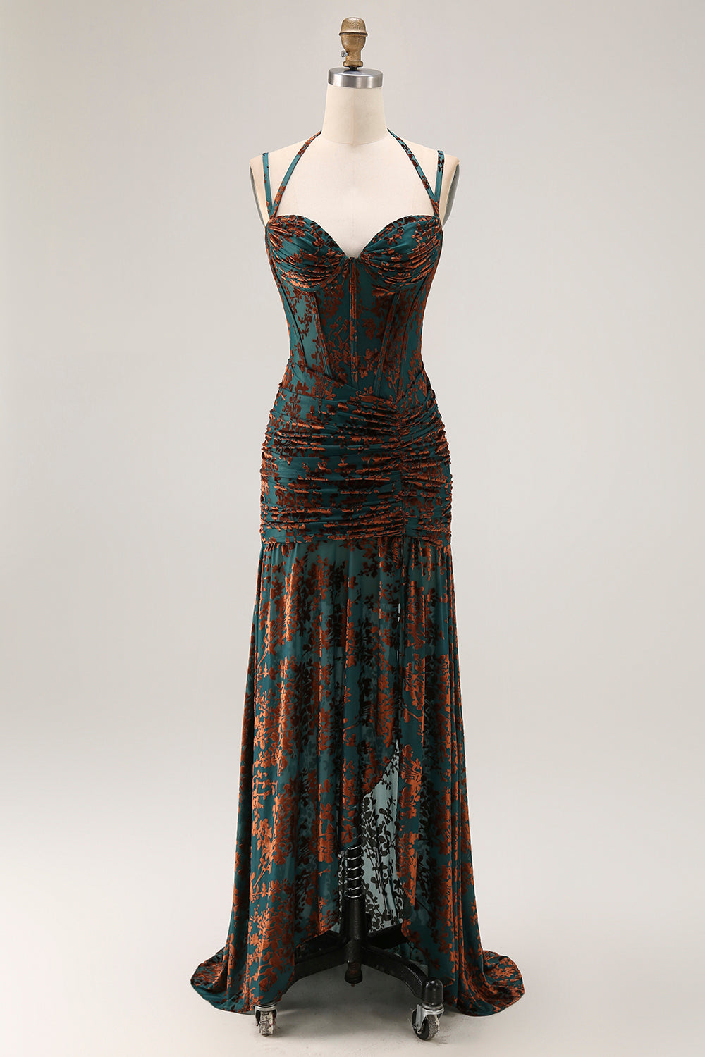 Dark Green Spaghetti Straps Burnout Velvet Corset Ruched Bridesmaid Dress