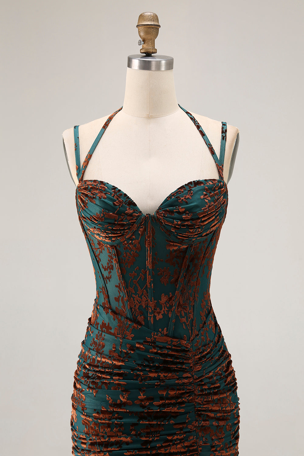 Dark Green Spaghetti Straps Burnout Velvet Corset Ruched Bridesmaid Dress