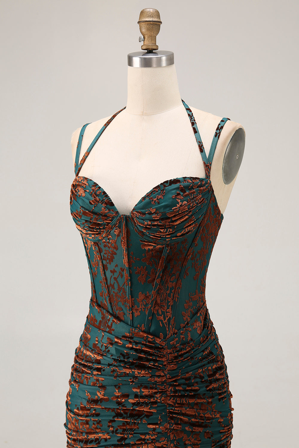 Dark Green Spaghetti Straps Burnout Velvet Corset Ruched Bridesmaid Dress