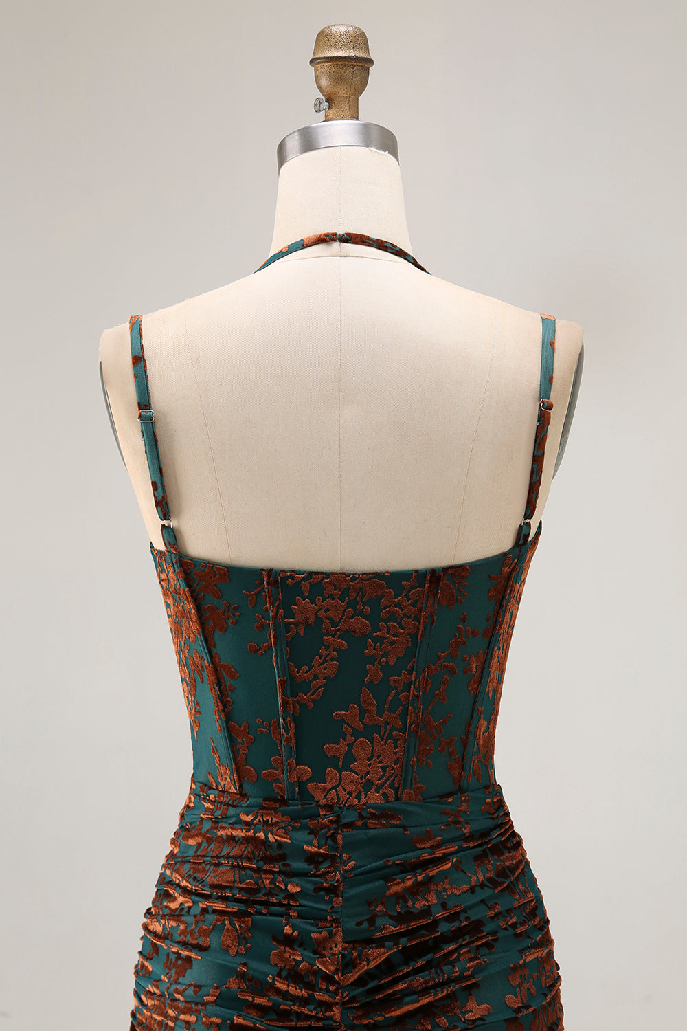 Dark Green Spaghetti Straps Burnout Velvet Corset Ruched Bridesmaid Dress