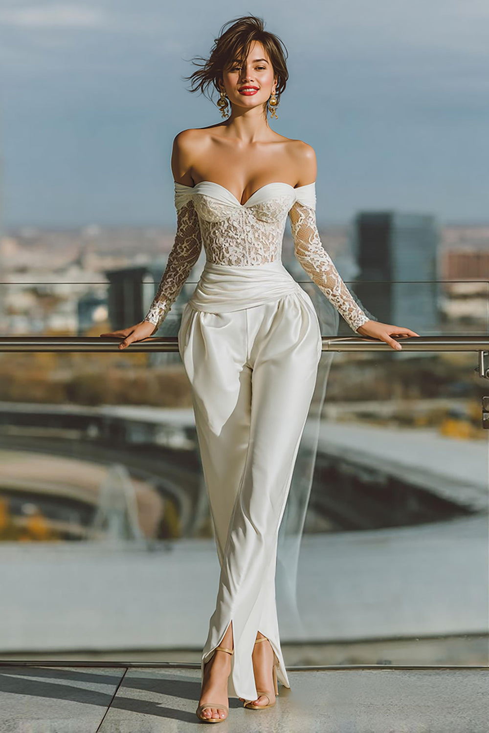 White Off the Shoulder Bridal Jumpsuits with Lace