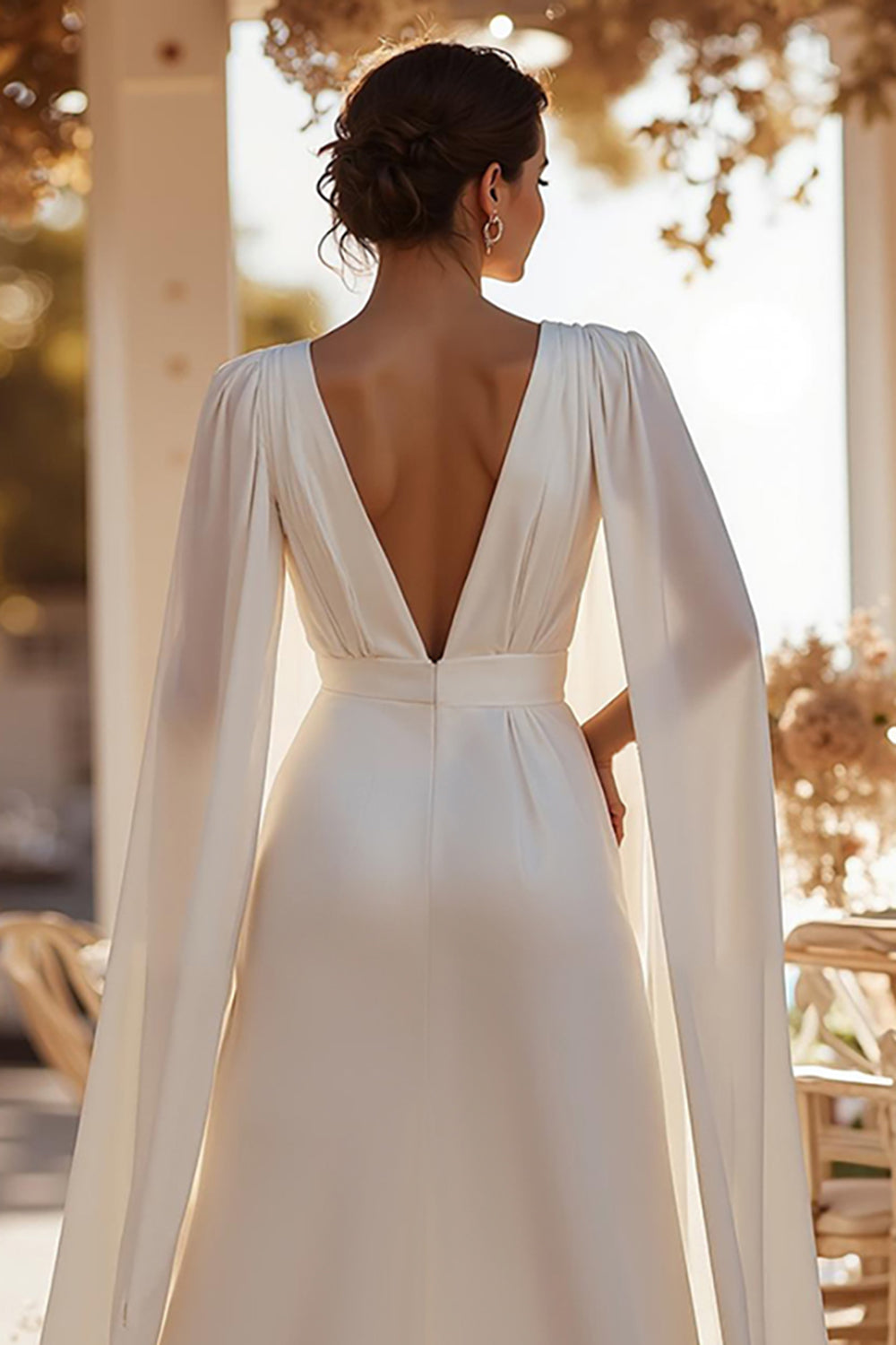White Deep V-Neck Bridal Jumpsuits with Cape