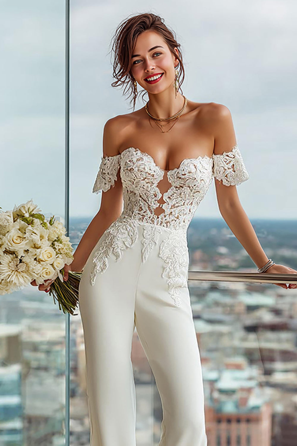 White Off the Shoulder Lace Appliqued Bridal Jumpsuits