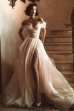 White Off the Shoulder A Line Wedding Dress with Slit