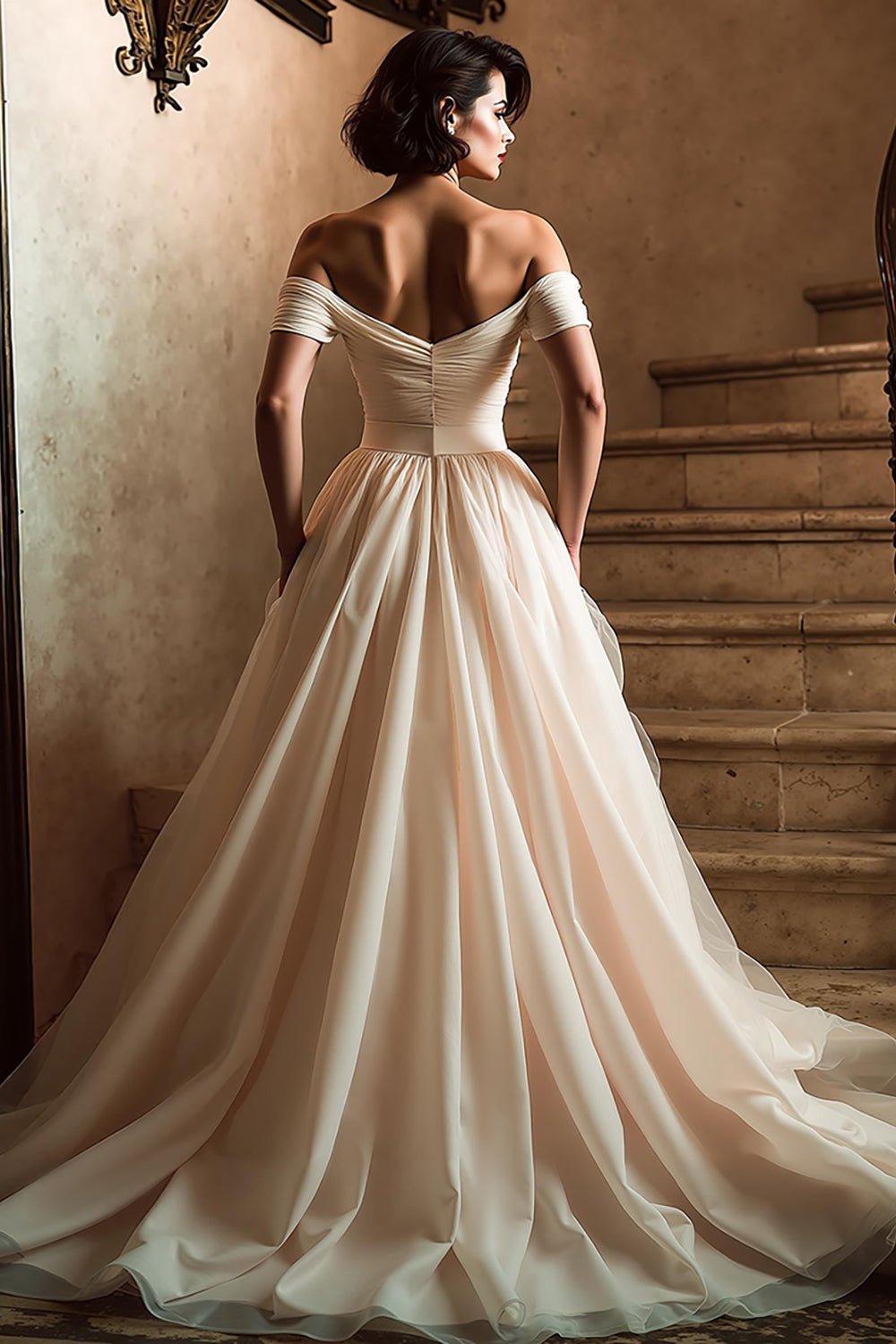 White Off the Shoulder A Line Wedding Dress with Slit
