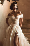 White Off the Shoulder A Line Wedding Dress with Slit