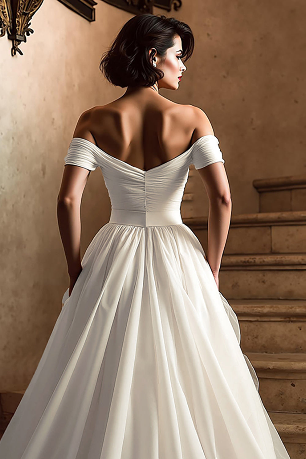 White Off the Shoulder A Line Wedding Dress with Slit