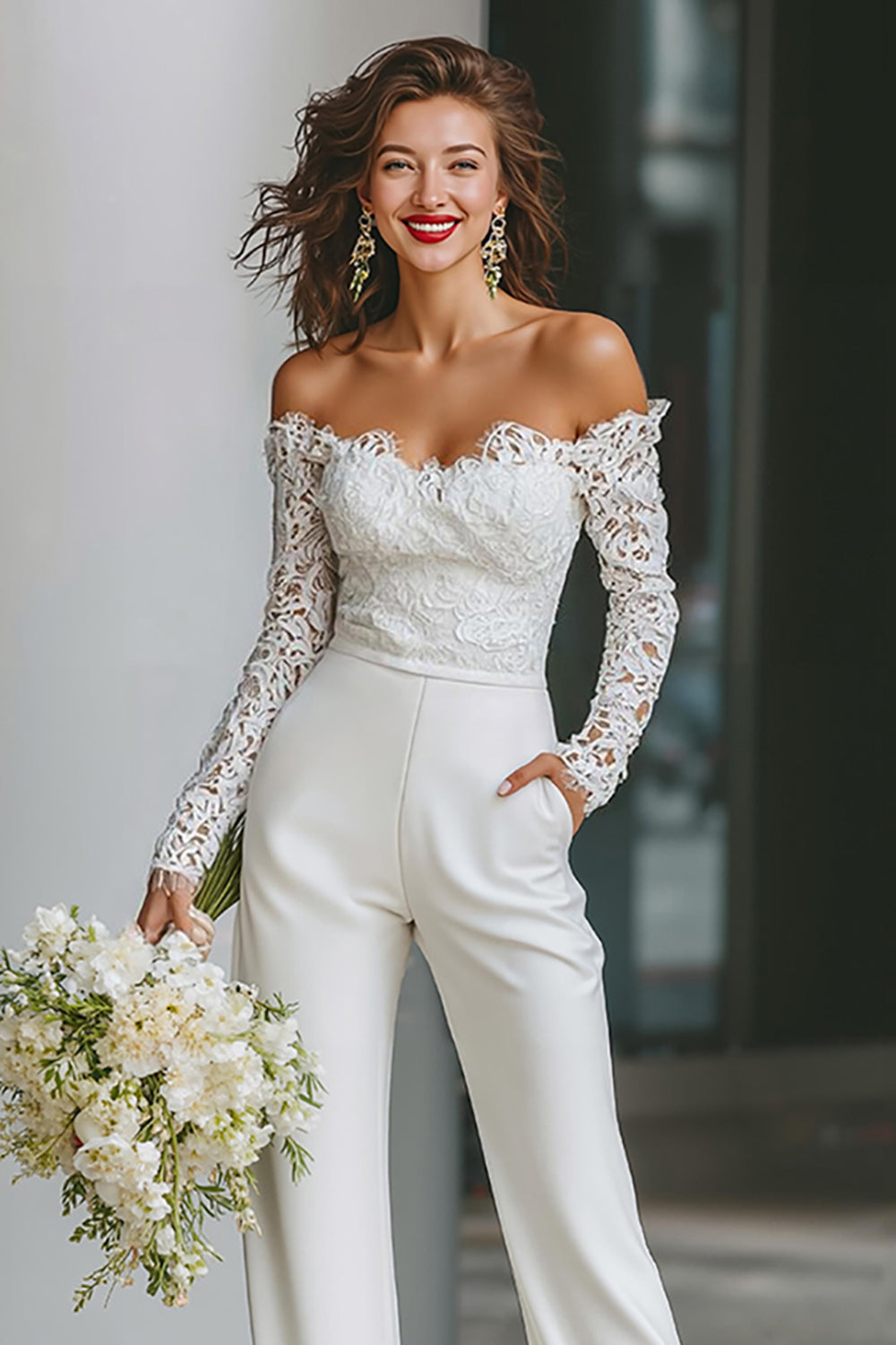 White Off the Shoulder Lace Bridal Jumpsuits with Pockets