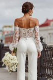 White Lace Off the Shoulder Bridal Jumpsuits with Pockets