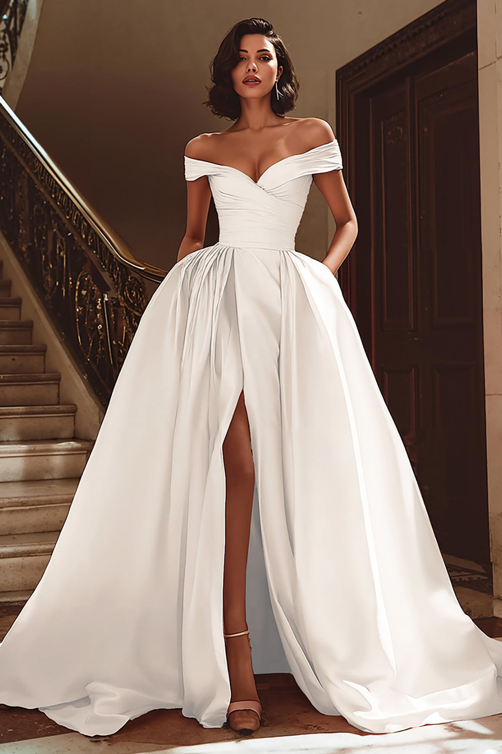 White Off the Shoulder Satin Sweep Train Wedding Dress with Slit