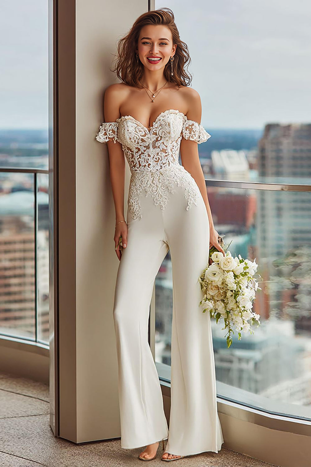 White Lace Off the Shoulder Bridal Jumpsuits