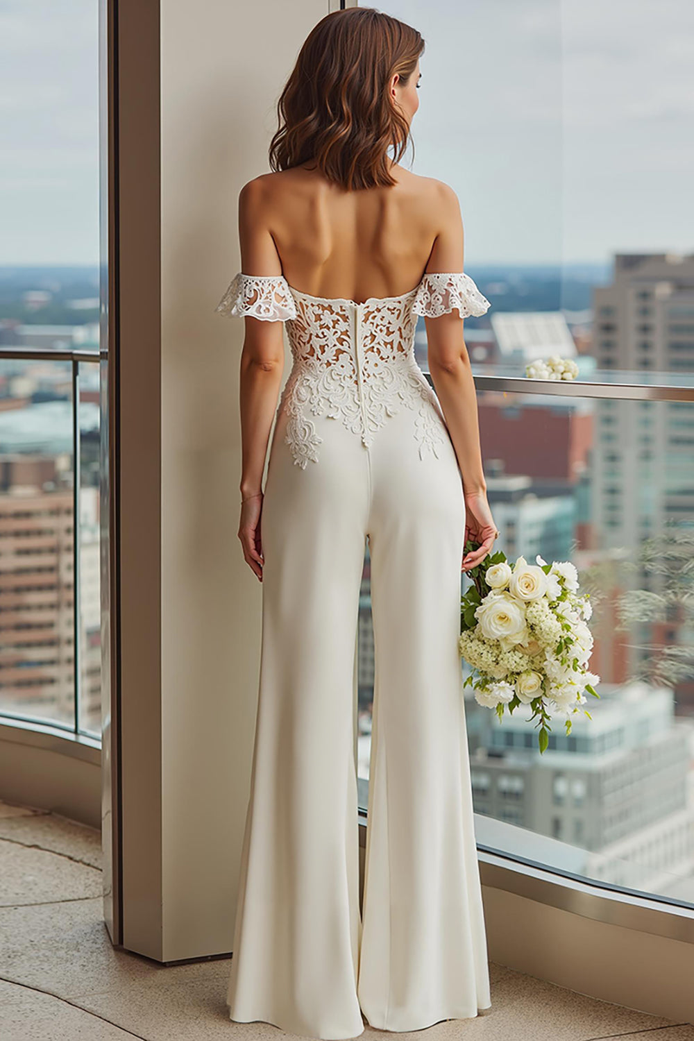White Lace Off the Shoulder Bridal Jumpsuits