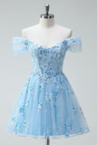 Sparkly Sky Blue Off The Shoulder A-Line Corset Homecoming Dress