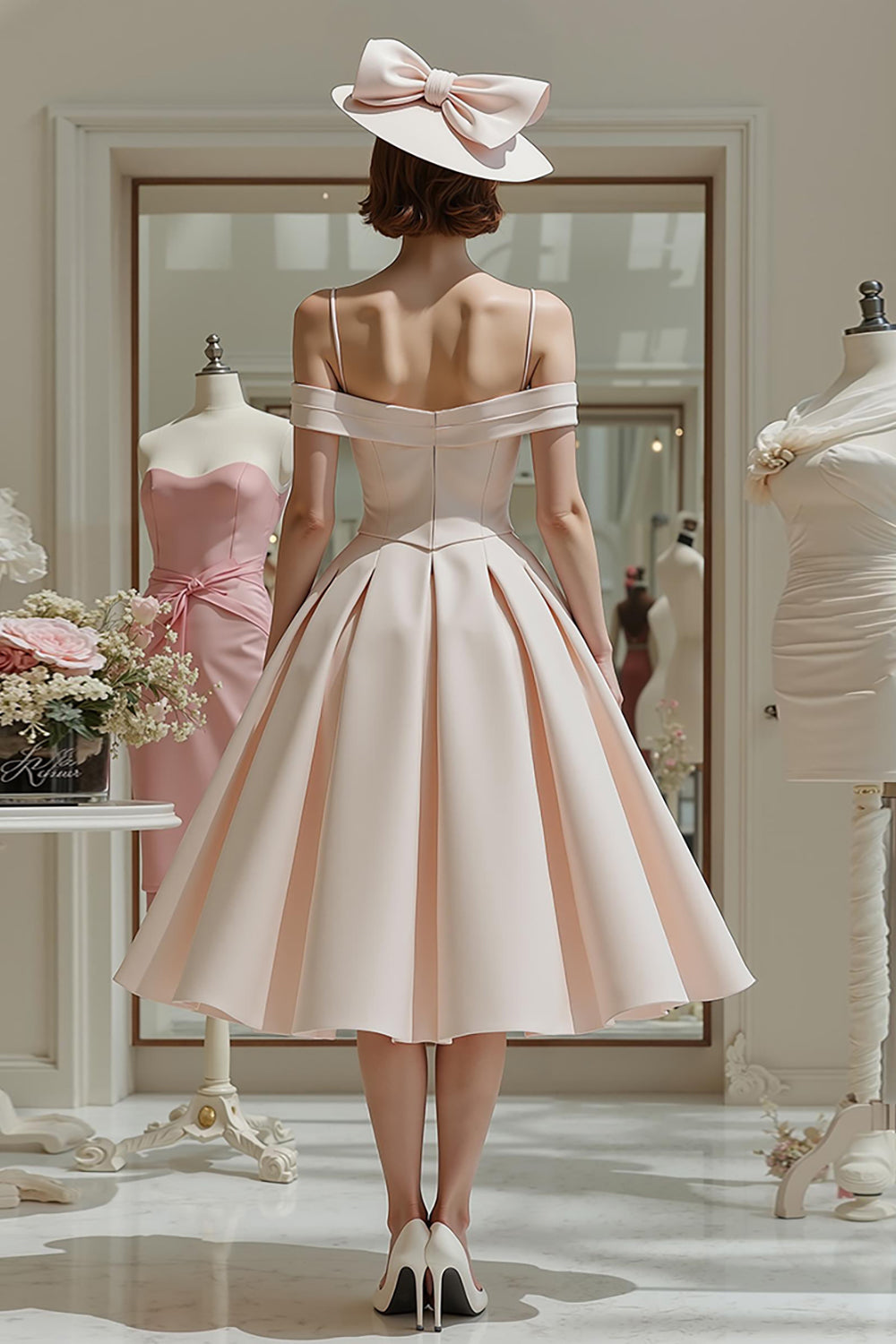 Candy Pink Cold Shoulder A Line Ruched Midi Mother Of The Bride Dress