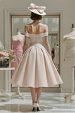 Candy Pink Cold Shoulder A Line Ruched Midi Mother Of The Bride Dress
