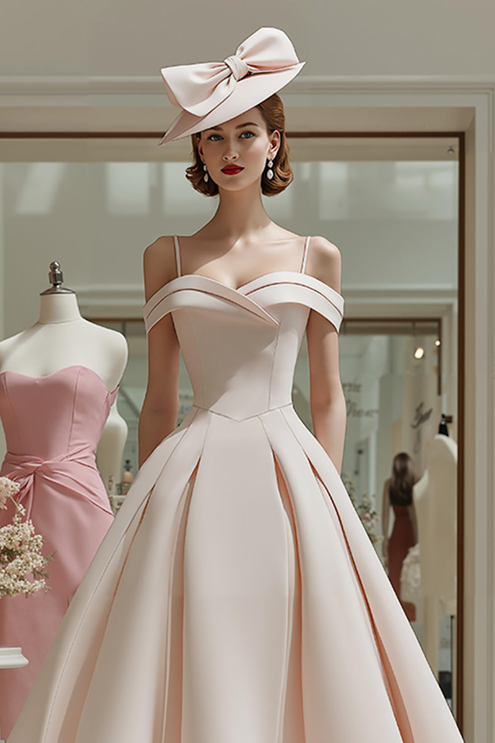 Candy Pink Cold Shoulder A Line Ruched Midi Mother Of The Bride Dress