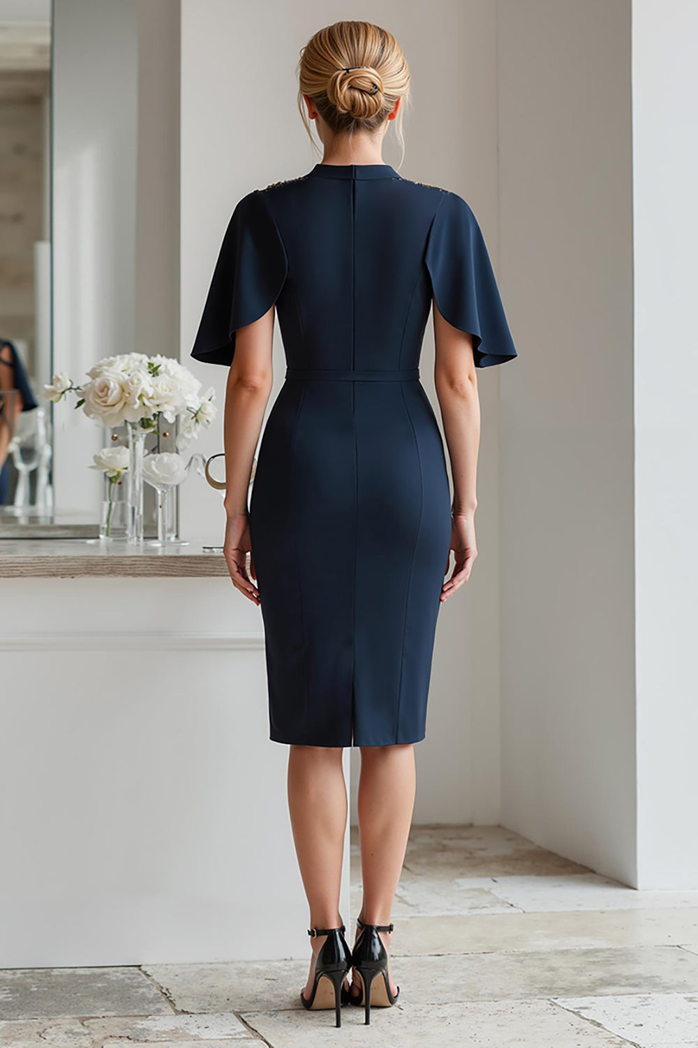 Navy Pencil Beaded Midi Mother Of The Bride Dress