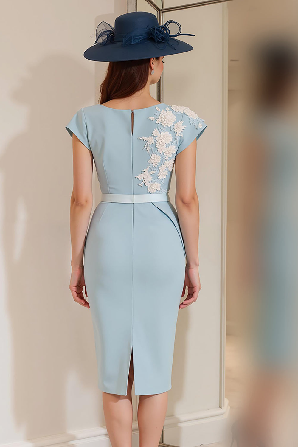Light Blue Appliqued Sheath Midi Mother Of The Bride Dress