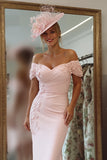 Sheath Off The Shoulder Blush Pink Mother Of The Bride Dress with Appliques