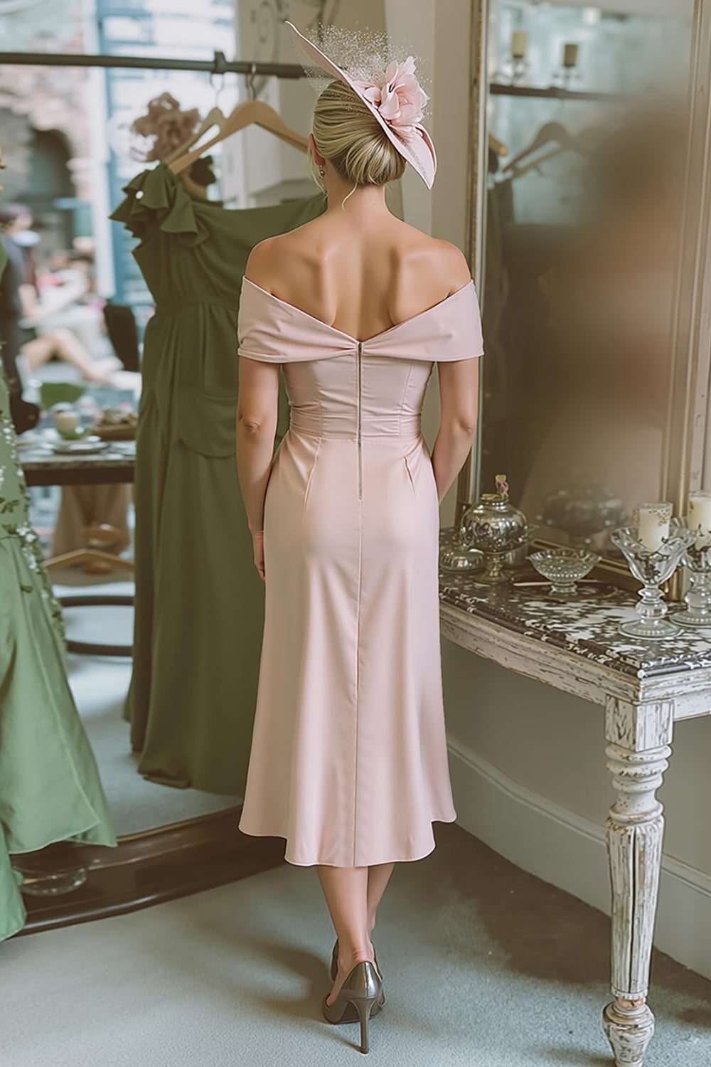 Blush Pink Off The Shoulder Sheath Satin Mother Of The Bride Dress