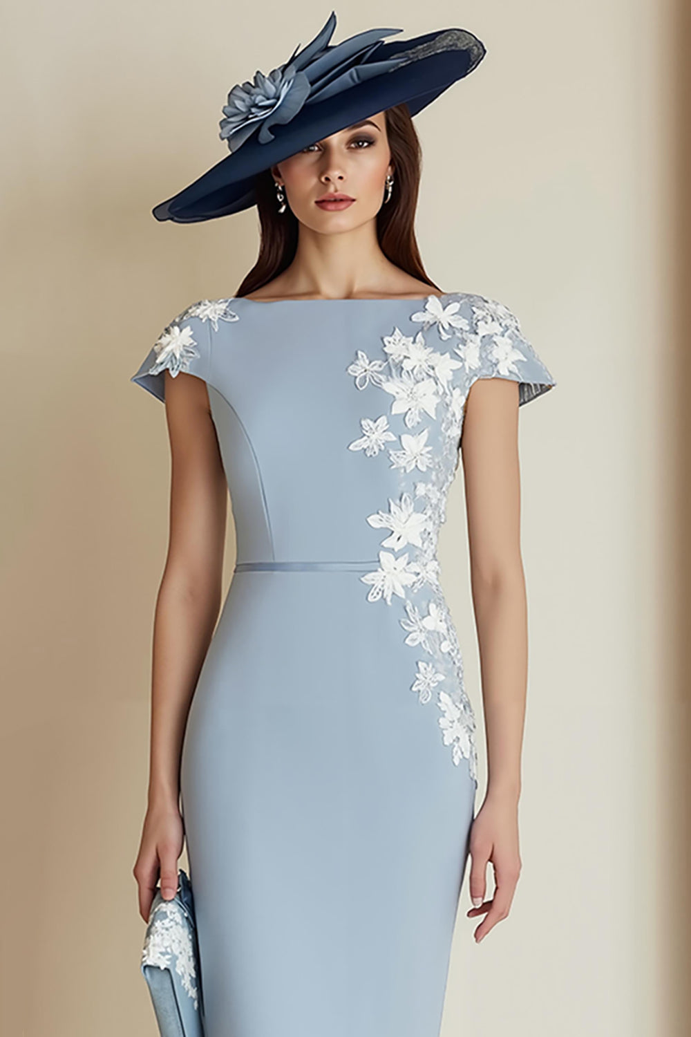 Dusty Blue Appliqued Sheath Midi Mother Of The Bride Dress with Cap Sleeves