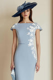 Dusty Blue Appliqued Sheath Midi Mother Of The Bride Dress with Cap Sleeves