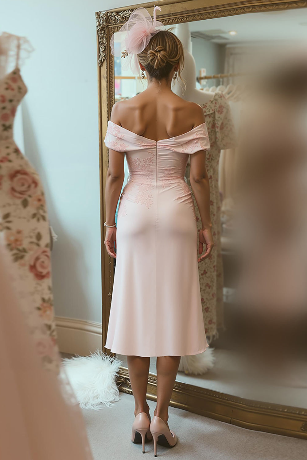 Blush Pink Sheath Off The Shoulder Mother Of The Bride Dress with Slit
