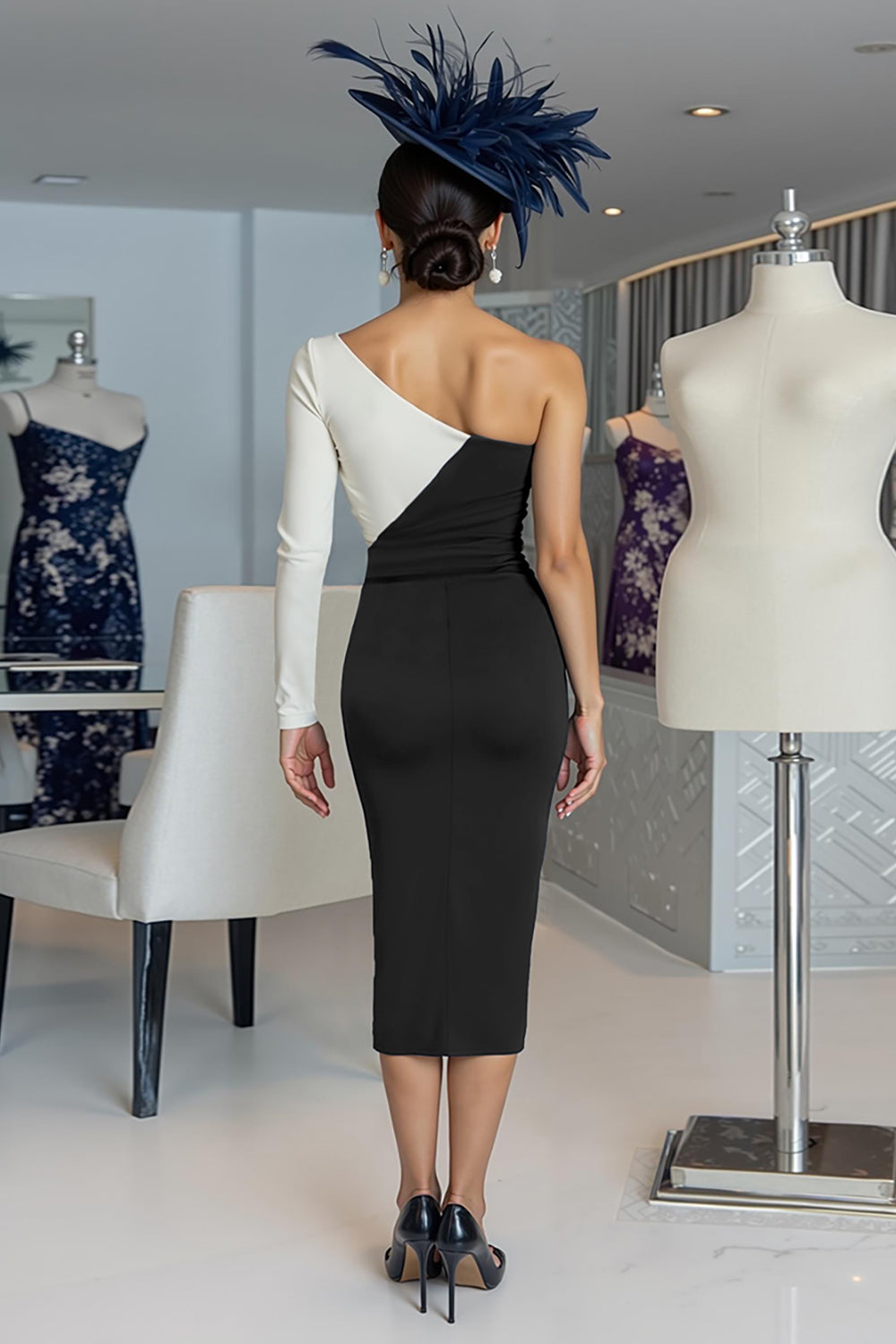 Black and White Sheath One Shoulder Midi Mother Of The Bride Dress