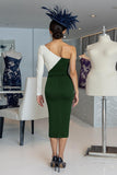 Black and White Sheath One Shoulder Midi Mother Of The Bride Dress