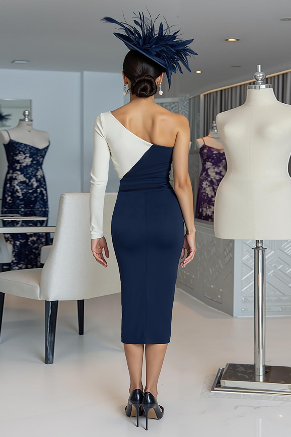 Black and White Sheath One Shoulder Midi Mother Of The Bride Dress