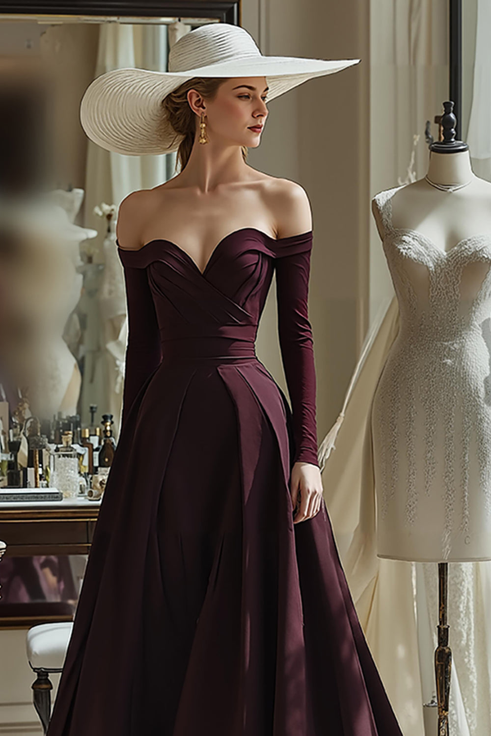 Cabernet A Line Satin Off the Shoulder Long Sleeves Mother of the Bride Dress