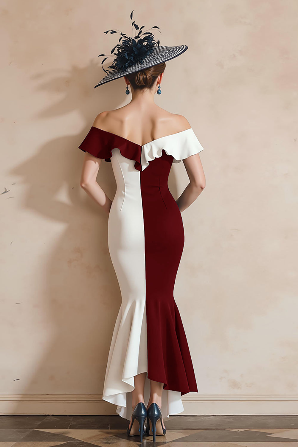Black and White Mermaid Off The Shoulder Ruffled Long Mother Of The Bride Dress