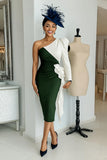Black and White One Shoulder Bodycon Midi Mother Of The Bride Dress with Sash