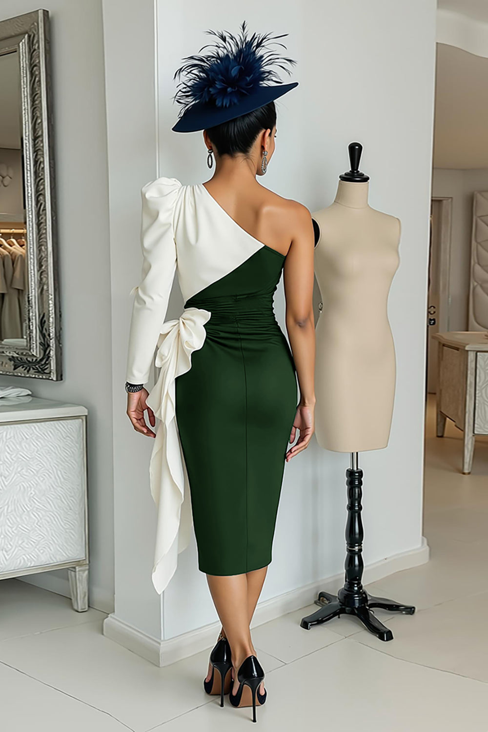 Black and White One Shoulder Bodycon Midi Mother Of The Bride Dress with Sash