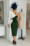 Black and White One Shoulder Bodycon Midi Mother Of The Bride Dress with Sash